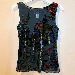 Alex Evening Sleeveless Red Beaded Top Velvet Floral Design!